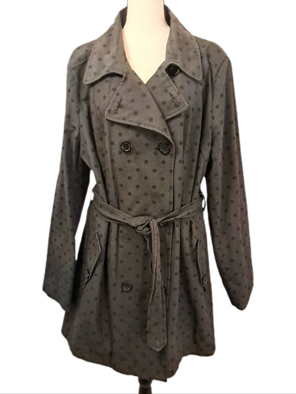Relativity Gray Polka Dot Double Breasted Trench Coat Rain Jacket Tie Waist XL